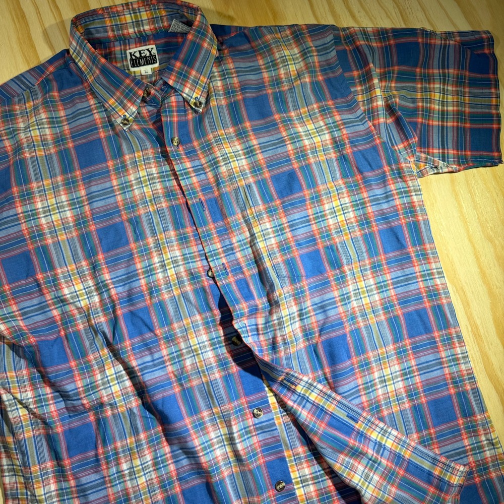 Key Elements Men's Plaid Button Down Shirt Blue Multicolor Short Sleeve Large